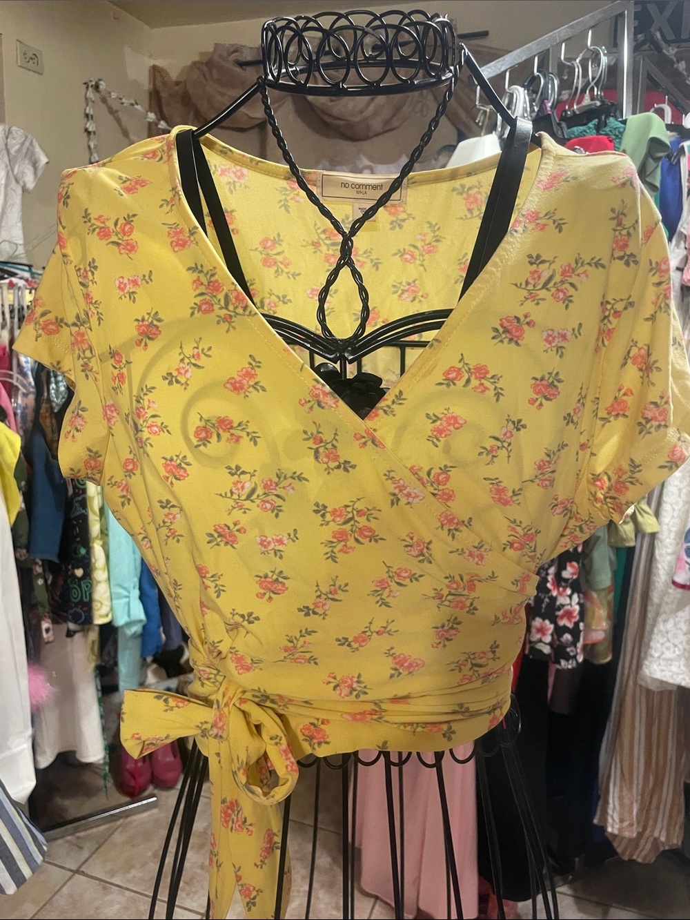 No Comment Yellow Floral Wrap Crop Top with Self-Tie Waist